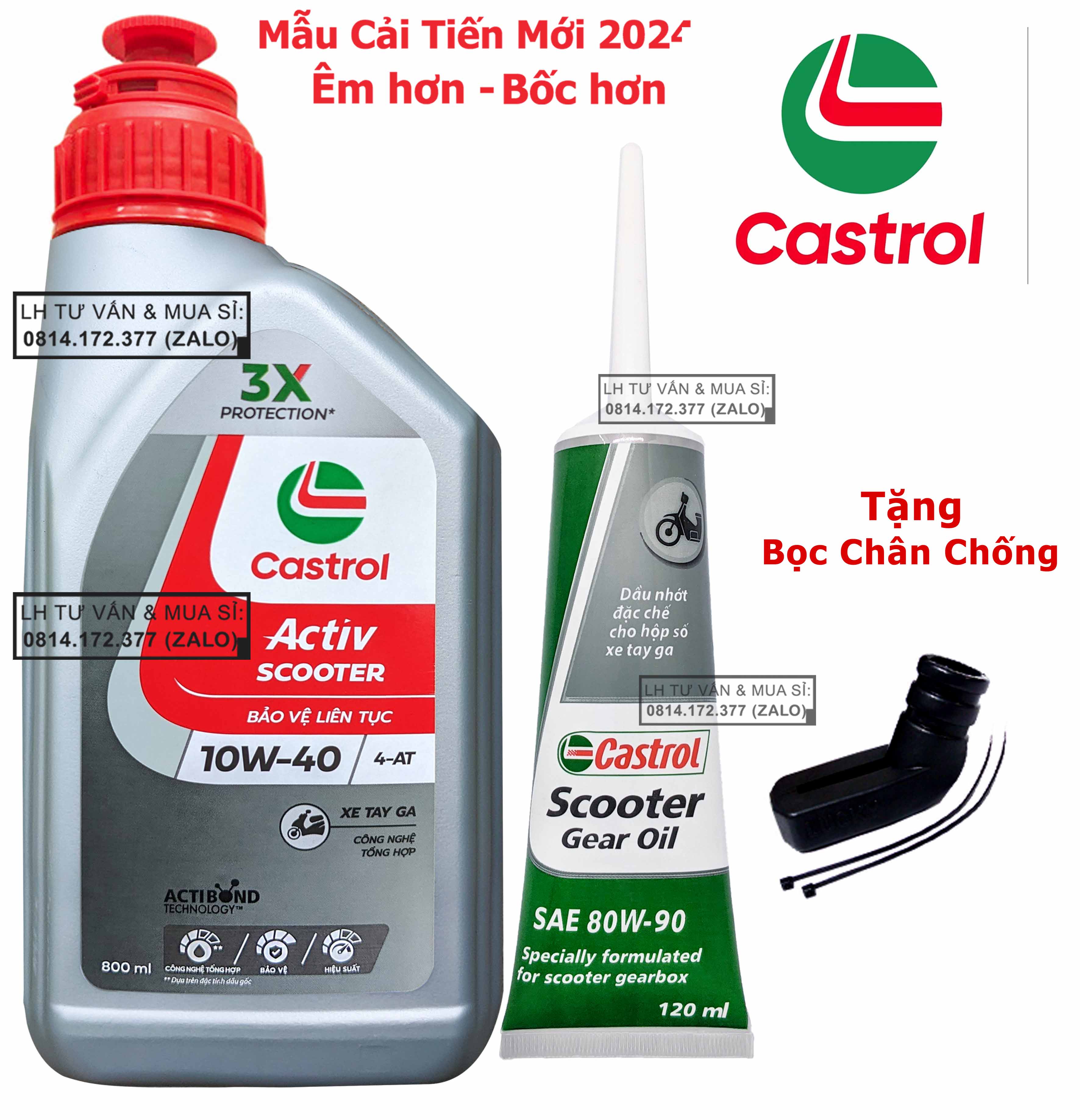 COMBO Nhớt Tay Ga CASTROL ACTIV SCOOTER 10W40 0.8 L+ Nhớt Lap Castrol 120Ml+1 Phễu Thay Nhớt