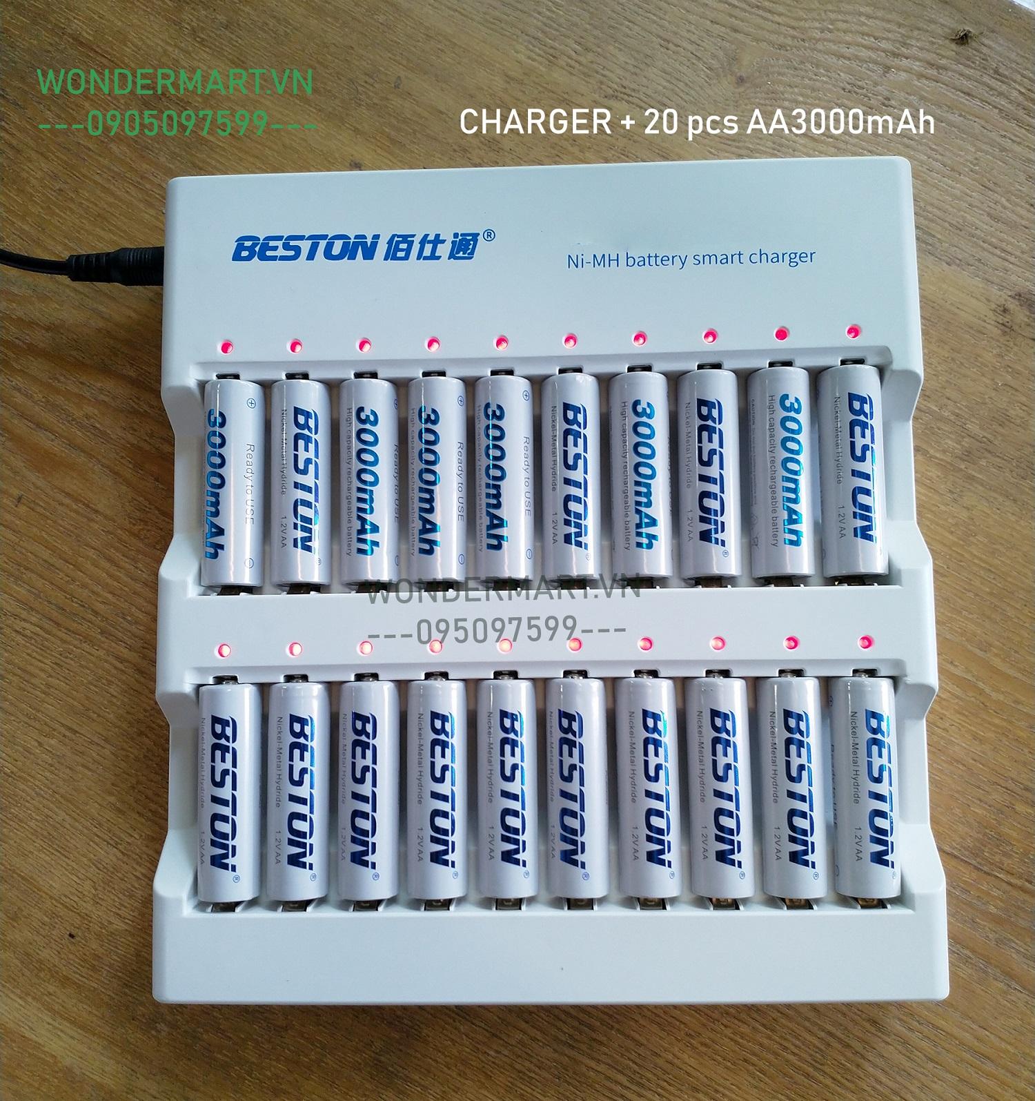 Bộ sạc pin AA/AAA Beston 20 cổng kèm 20 pin 3000mAh tự ngắt chuyên Karaoke
