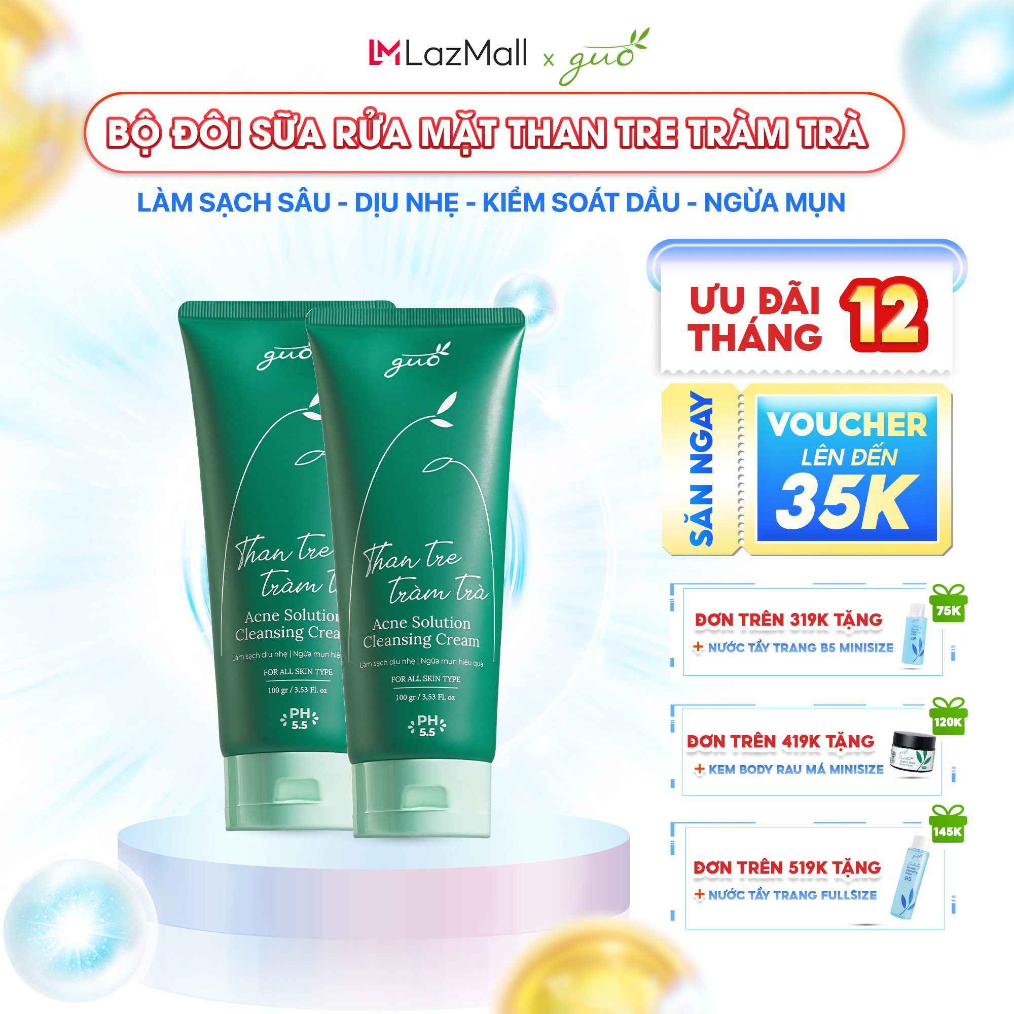 Bộ đôi Sữa rửa mặt Sữa rửa mặt than tre tràm trà GUO