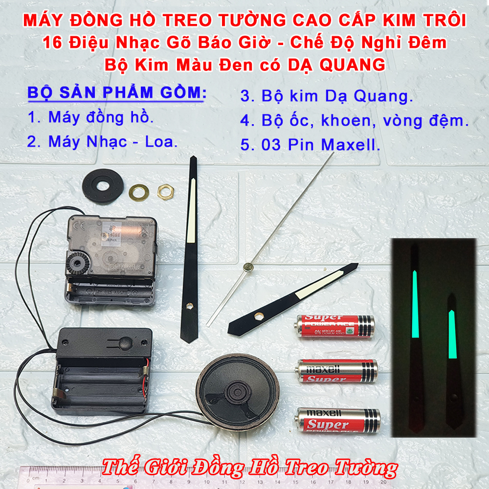 Bộ máy nhạc chuông gồm 16 điệu nhạc gõ báo giờ + máy đồng hồ kim trôi cao cấp eastar japan + bộ kim có dạ quang – bảo hành 1 năm – tặng pin maxell