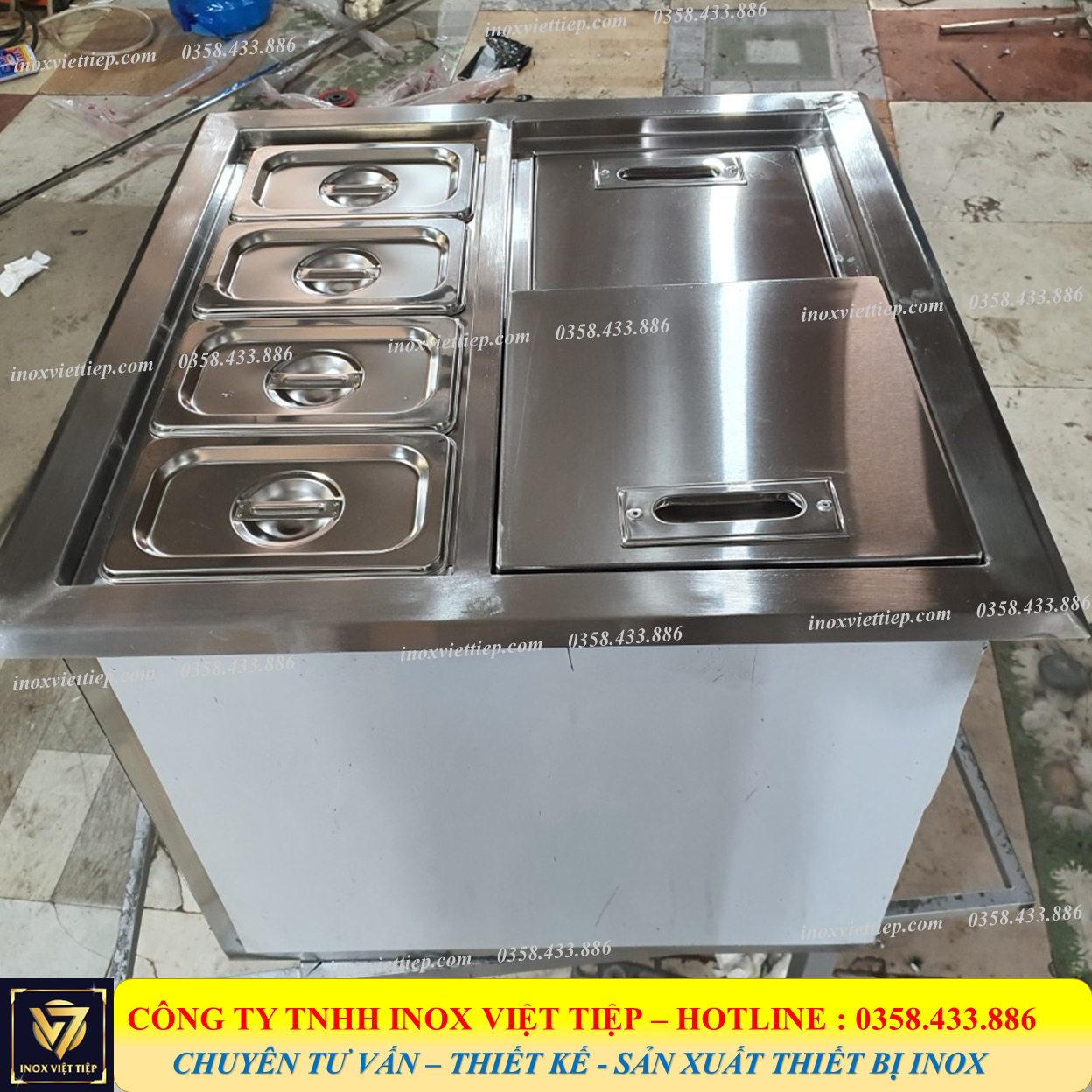 Thùng đá inox âm bàn 4 khay 54x52x40 inox 304
