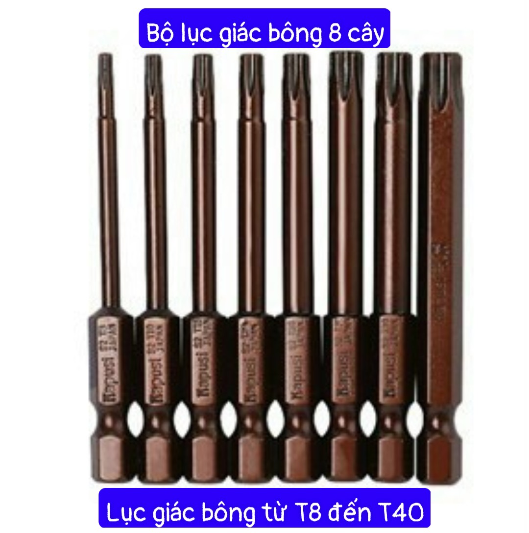 Bộ 8 mũi hoa thị có lỗ trợ lực thương hiệu Kapusi đủ size từ T8 đến T40 | Bộ mũi vít hoa thị chuôi lục giác ngắn 6.35mm nam châm từ tính, thép S2 siêu bền,chiều dài mũi vít 6.5cm hoặc 10cm. Mũi vít lục giác bông có lỗ- Cửa Hàng Nam