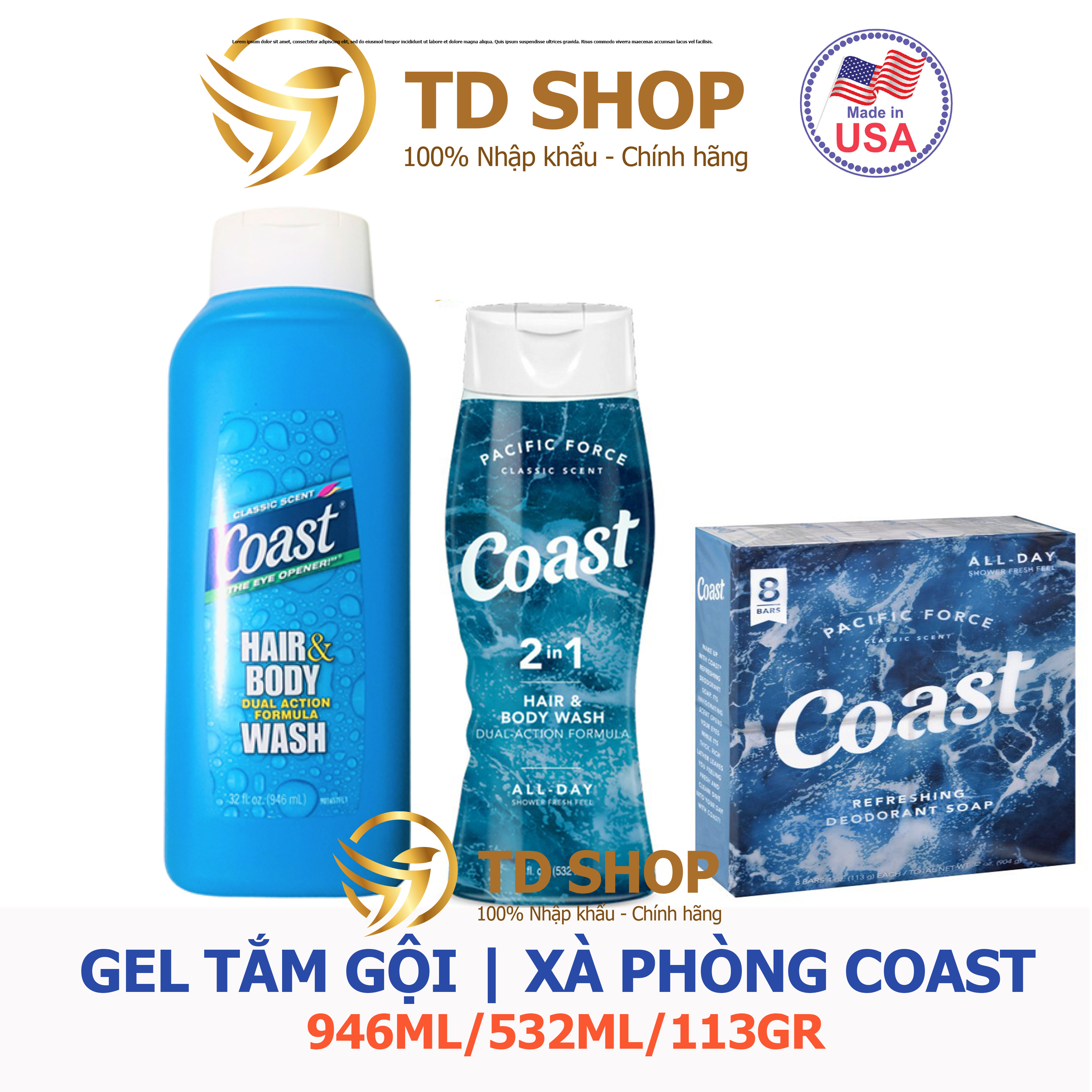 [NK Mỹ] Sữa tắm gội Coast 2IN1 Hair & Body Wash 113g I 532ml I 946ml - TD Shop