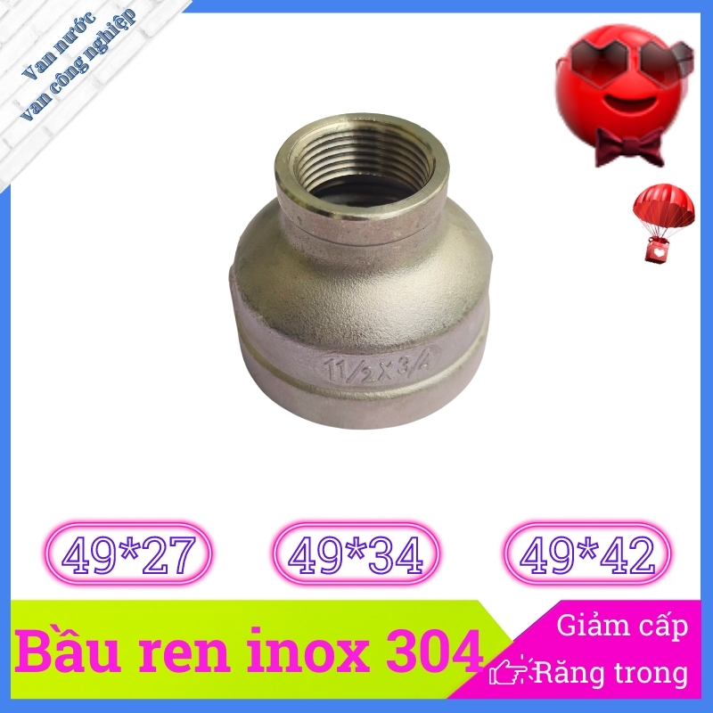 Bầu giảm inox 304 phi 49 đầu nối ống (côn thu ) thay đổi kích thước hai đầu ren trong