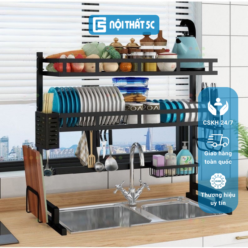 Kệ Để Chén Bát Đa Năng - Giá Để Bát Đũa Sơn Sần Tĩnh Điện Đen Chống Bám Bẩn, Kệ để chén đĩa 2 tầng thông minh để trên bồn rửa