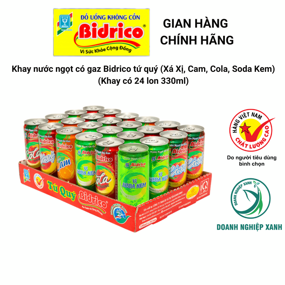 Nước Ngọt Có Gaz Bidrico Tứ Quý ( Xá Xị, Cam, Cola, Soda Kem ) ( Khay 24 lon 330ml )