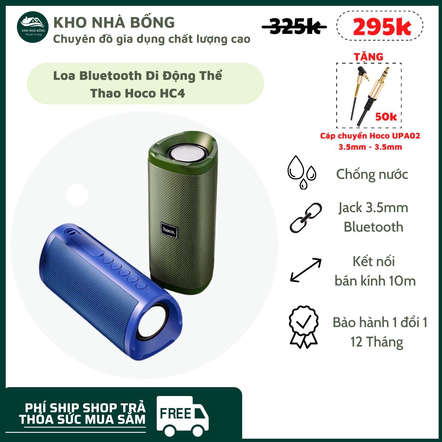 Loa bluetooth di động thể thao hoco hc4 hỗ trợ thẻ nhớ / usb / aux - hàng chính hãng bảo hành 12 tháng
