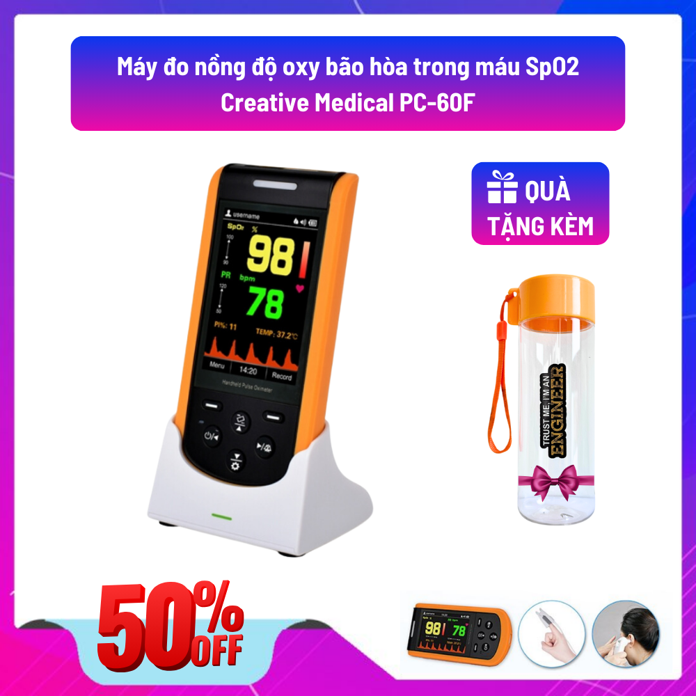 Máy đo nồng độ oxy trong máu SpO2 cầm tay Creative Medical SP-20, kết hợp kiểm tra thân nhiệt