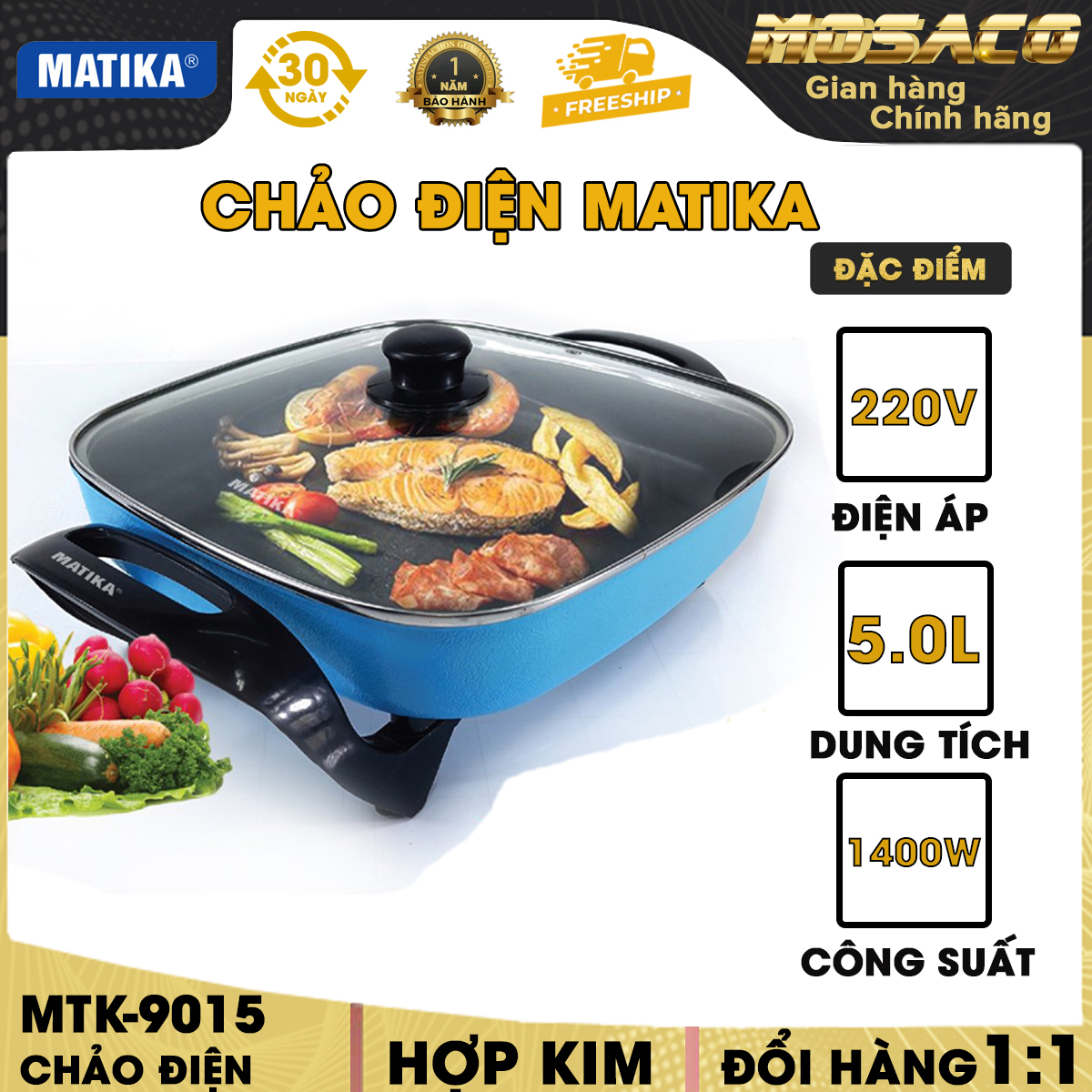 Chảo điện đa năng Matika MTK-9015 1500W Nồi lẩu điện với miệng chảo hình vuông thiết kế siêu rộng, cực kỳ phù hợp cho các bữa lẩu đông người; lòng chảo chống dính cùng khả năng điều chỉnh nhiệt linh hoạt - MOSACO