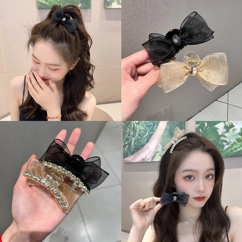 Kẹp tóc nơ nhỏ hai mặt đính đá ngọc trai nhân tạo, kẹp mái đính nơ phong cách thanh lịch