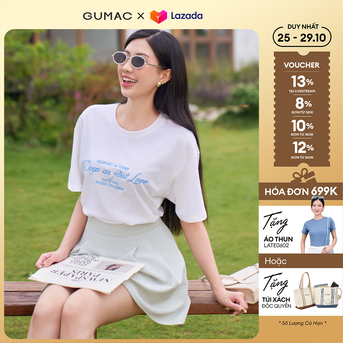 Áo thun thêu chữ thời trang GUMAC ATF01004