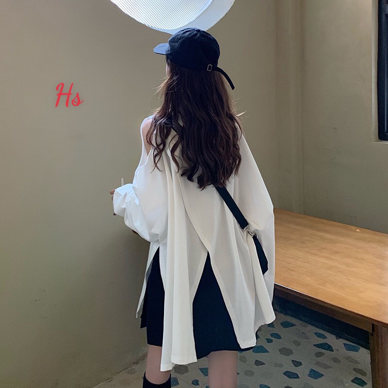 Áo Khoét Vai Vạt Xẻ Lệch Tầng 🌸 Vyvystore<FREESHIP>🌸 Áo Thun Dài Tay Dáng Rộng 3 Màu TRẮNG ĐEN GHI