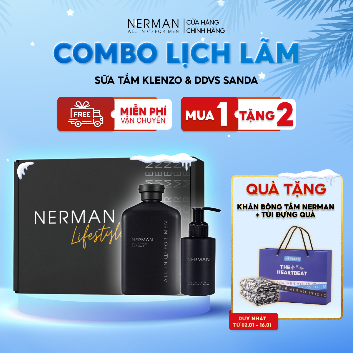 Combo Lịch Lãm Nerman Sữa Tắm Gội Gentleman 3In1 Hương Nước Hoa 350ml & Gel Vệ Sinh Nam Elegant 100g