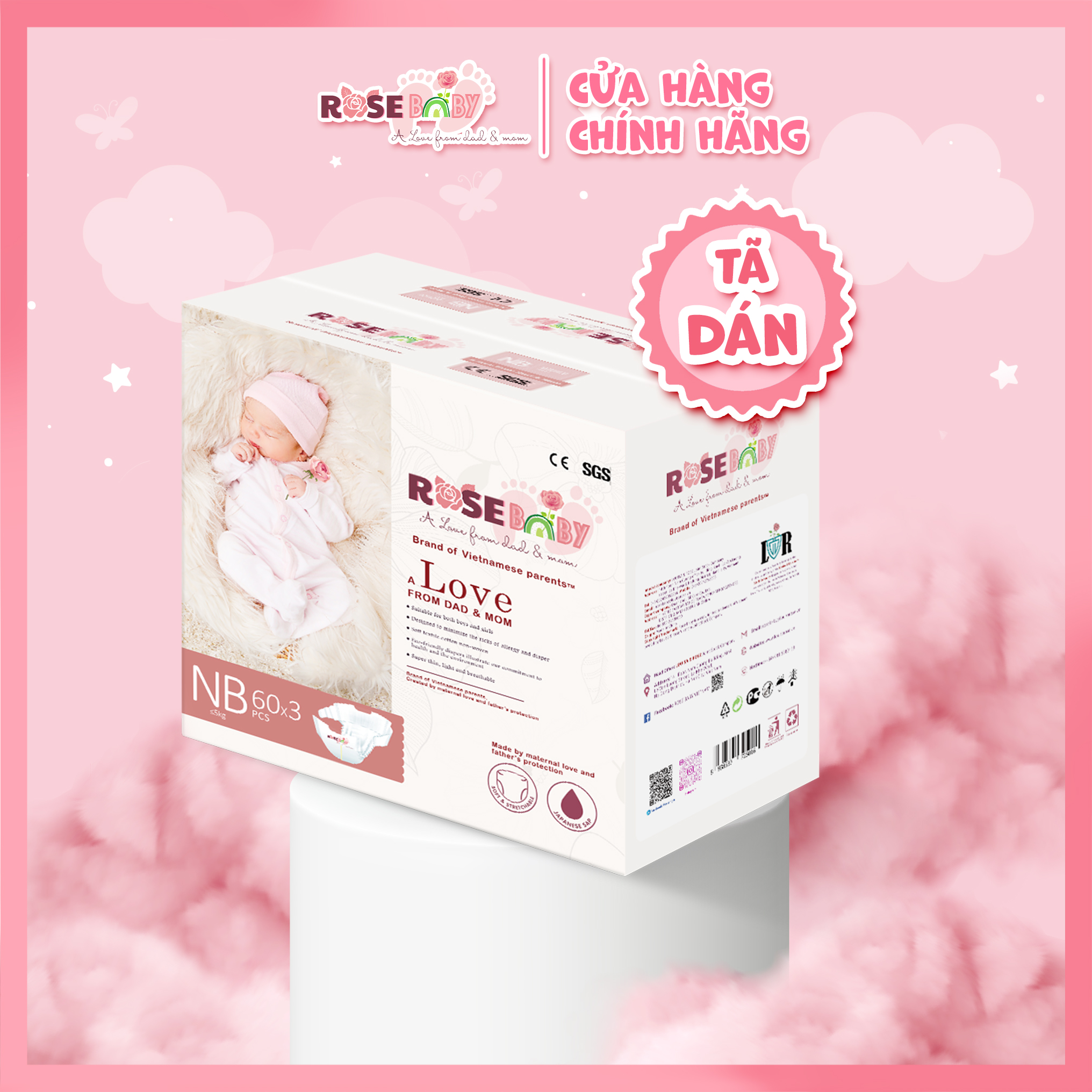 Thùng tã dán rose baby size newborn/nb