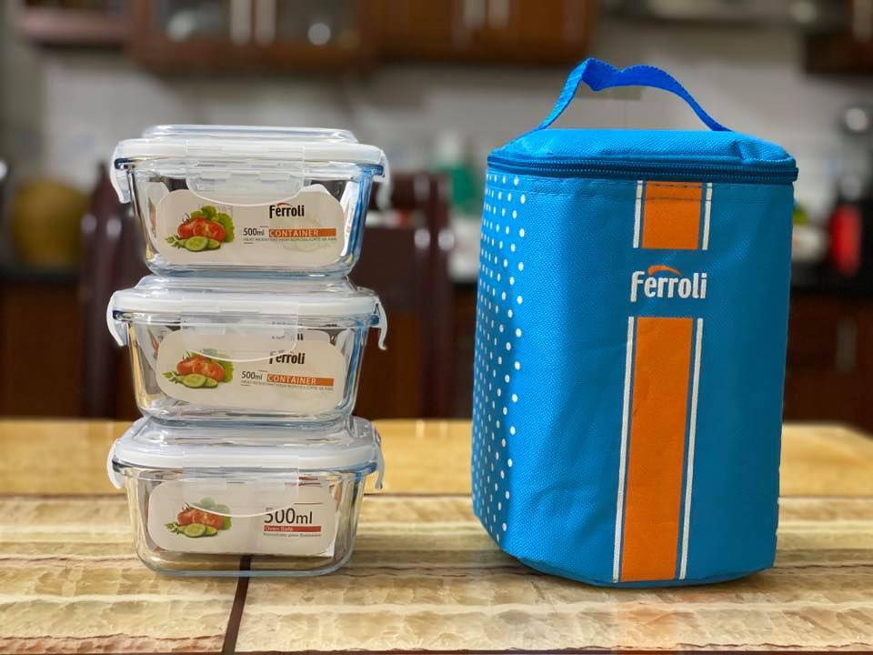 BỘ HỘP CƠM THUỶ TINH KÈM TÚI GIỮ NHIỆT FERROLI