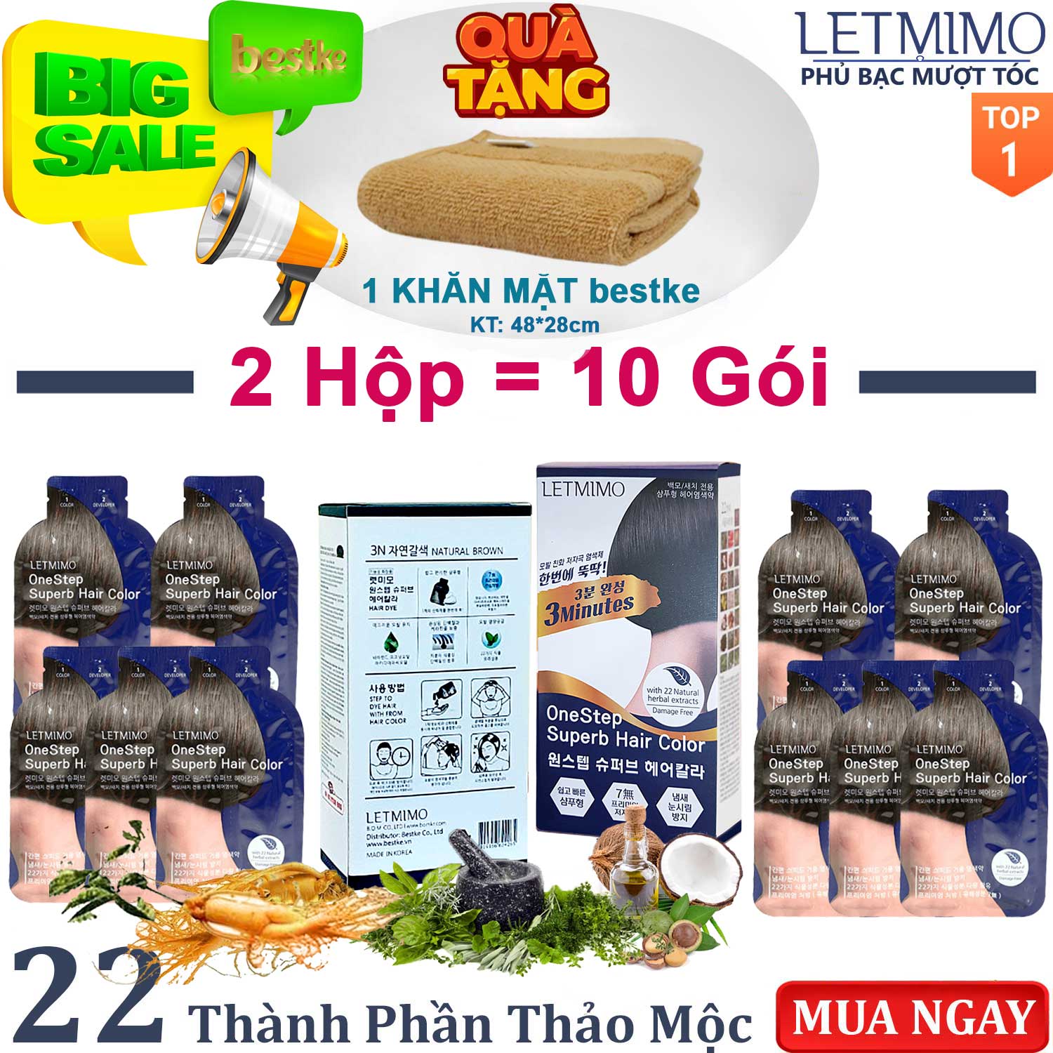 dầu gội phủ bạc , màu nâu tự nhiên 3N , combo 2 hộp = 10 gói + QUÀ TẶNG 1 khăn mặt bestke , one step supperb hair color LETMIMO