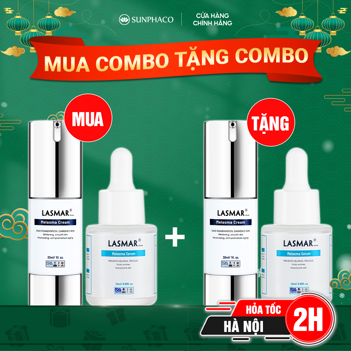 Combo kem + serum nám lasmar mờ nám da, tàn nhang, đồi mồi lâu năm từ bên trong