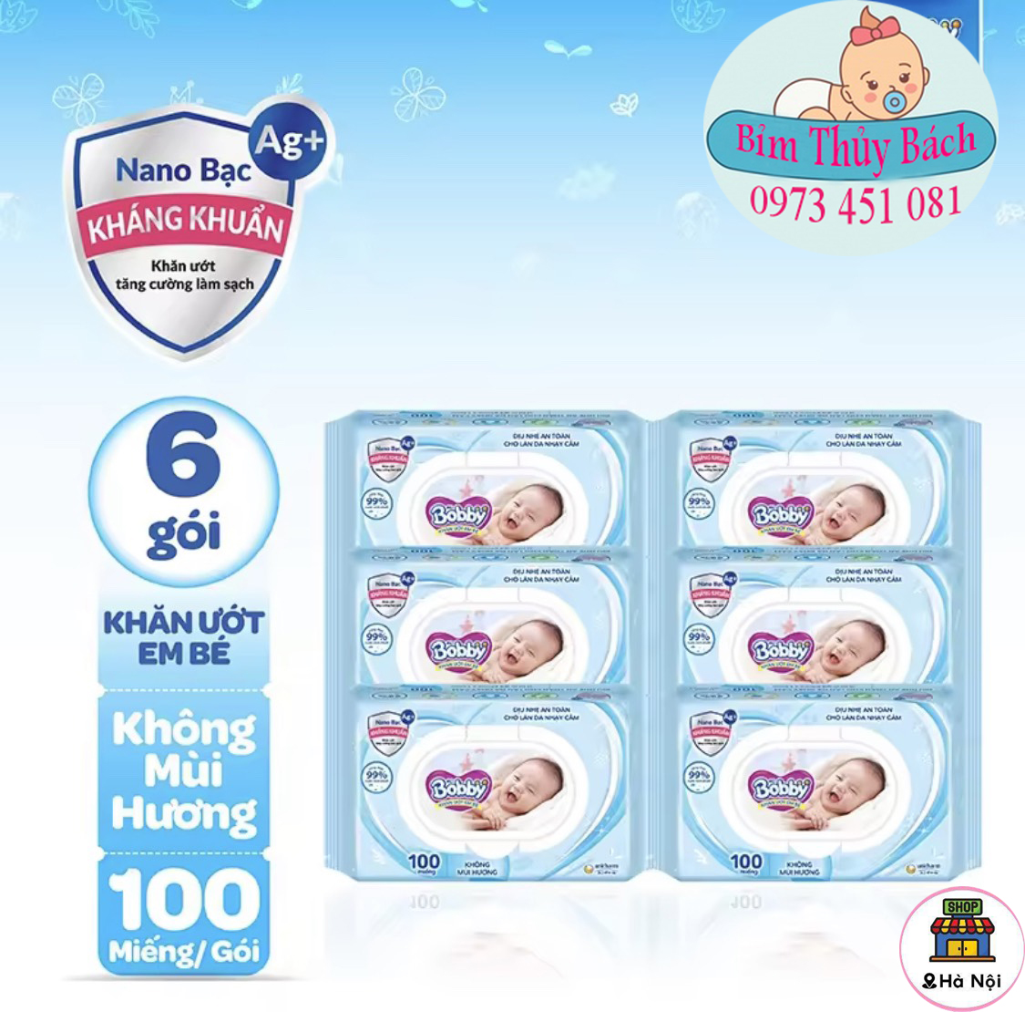 Bộ 6 gói Khăn ướt Bobby không mùi 100 tờ/gói