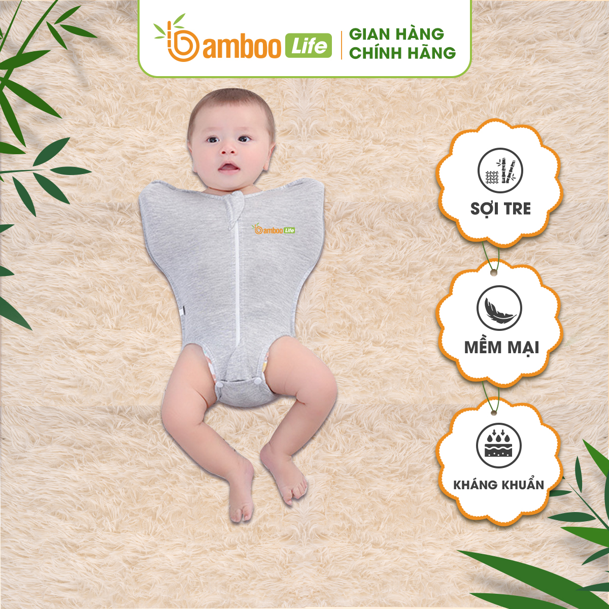 Nhộng chũn hở chân sợi tre Bamboo Life nhộng cộc hở chân, túi ngủ cho bé, quấn chũn giúp bé ngủ ngon, không giật mình