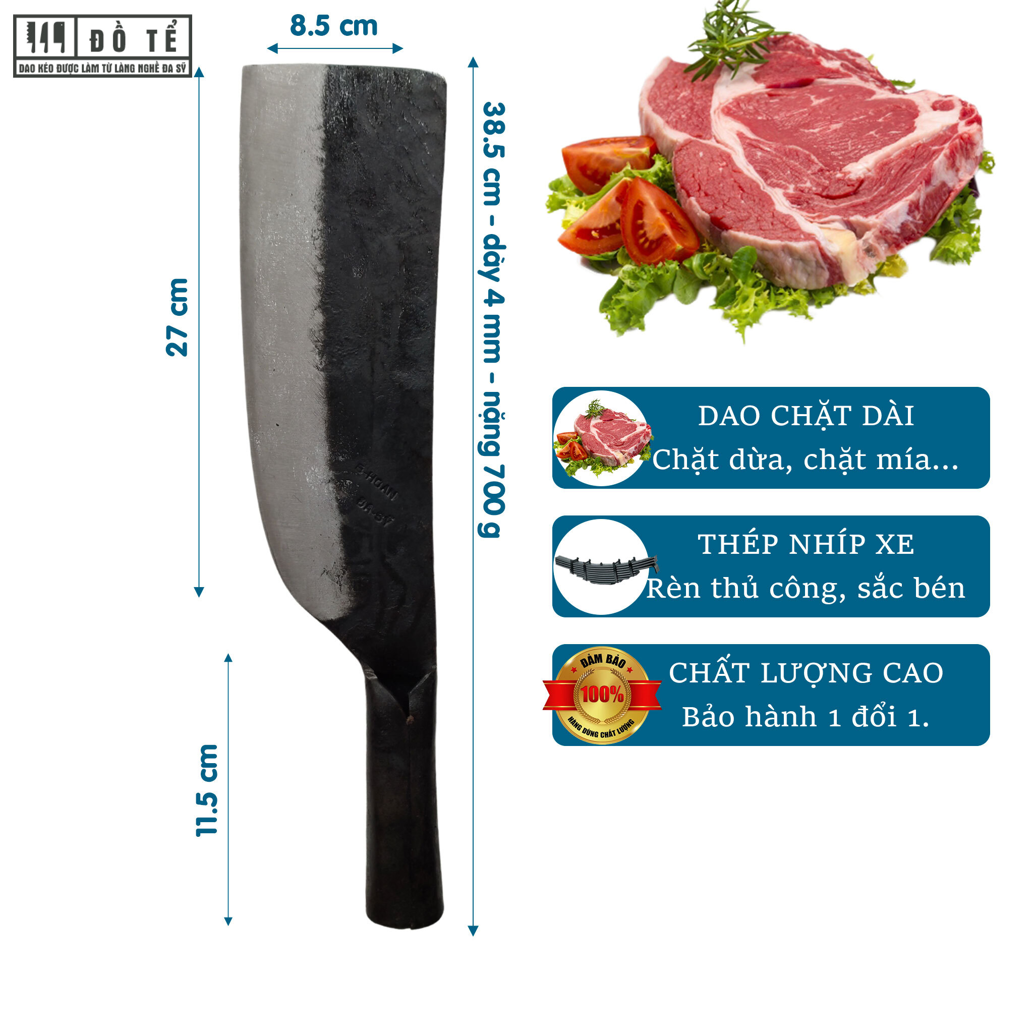 Dao chặt cán sắt bản to nhíp xe nhíp 100%- dao nhà bếp đồ tể - đa sỹ - hl11