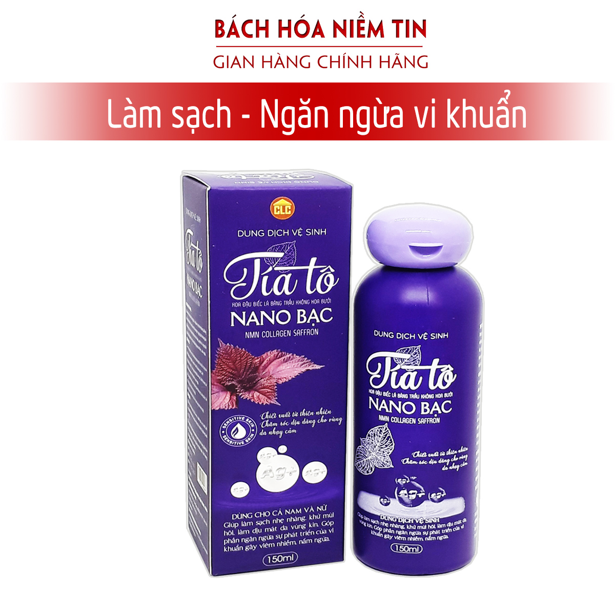 Dung dịch vệ sinh phụ nữ Tía tô nano Bạc - Chiết xuất hoa đậu biếc, lá bàng, trầu không, lô hộ hoàn toàn tự nhiên giúp thoáng sạch, khử mùi, giảm viêm nhiễm nấm ngứa hiệu quả - Hộp 1 chai 150ml