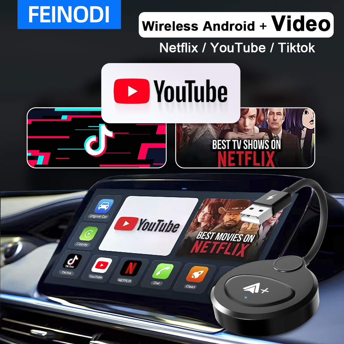  FEINODI Bộ chuyển đổi không dây Carplay Android Auto kết nối có dây với không dây ổn định và mượt mà hơn có thể xem YouTube Netflix TikTok 