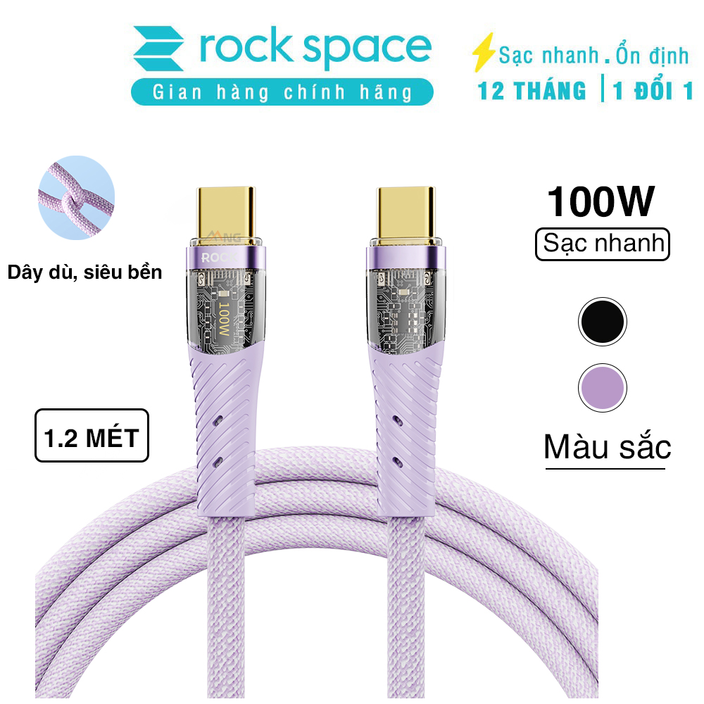 Cáp sạc nhanh TypeC to TypeC 100W ROCKSPACE Z21 dây dù sạc nhanh cho Samsung, Huawei, Xiaomi, máy tính,.. bảo hành 1 năm