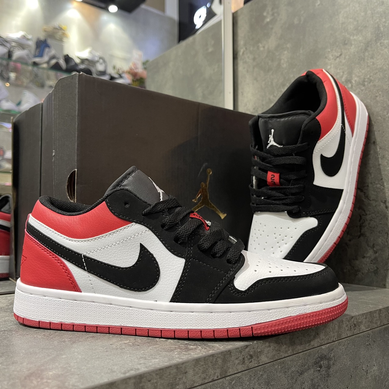 Giày Jordan cổ thấp màu Đỏ Đen, Giày JD đỏ đen nam nữ đủ box bill