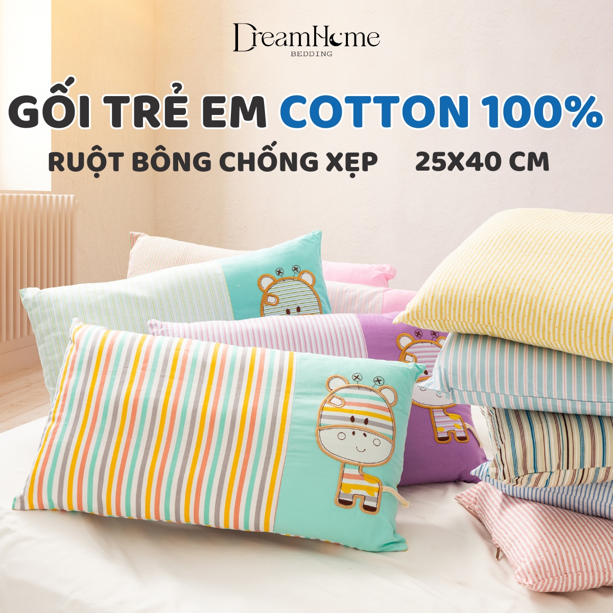 Gối cho bé đi học mẫu giáo 25x45cm DREAMHOME, gối trẻ em ruột chống xẹp thích hợp mang đi học mầm non, tiểu học