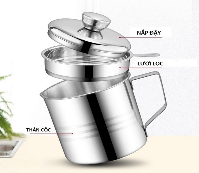 Ca lọc dầu ăn dùng thừa và tạp chất - chất liệu inox, không gỉ, sáng bóng - ca lọc dầu tháo rời, dễ vệ sinh- ca múc nước, lọc dầu