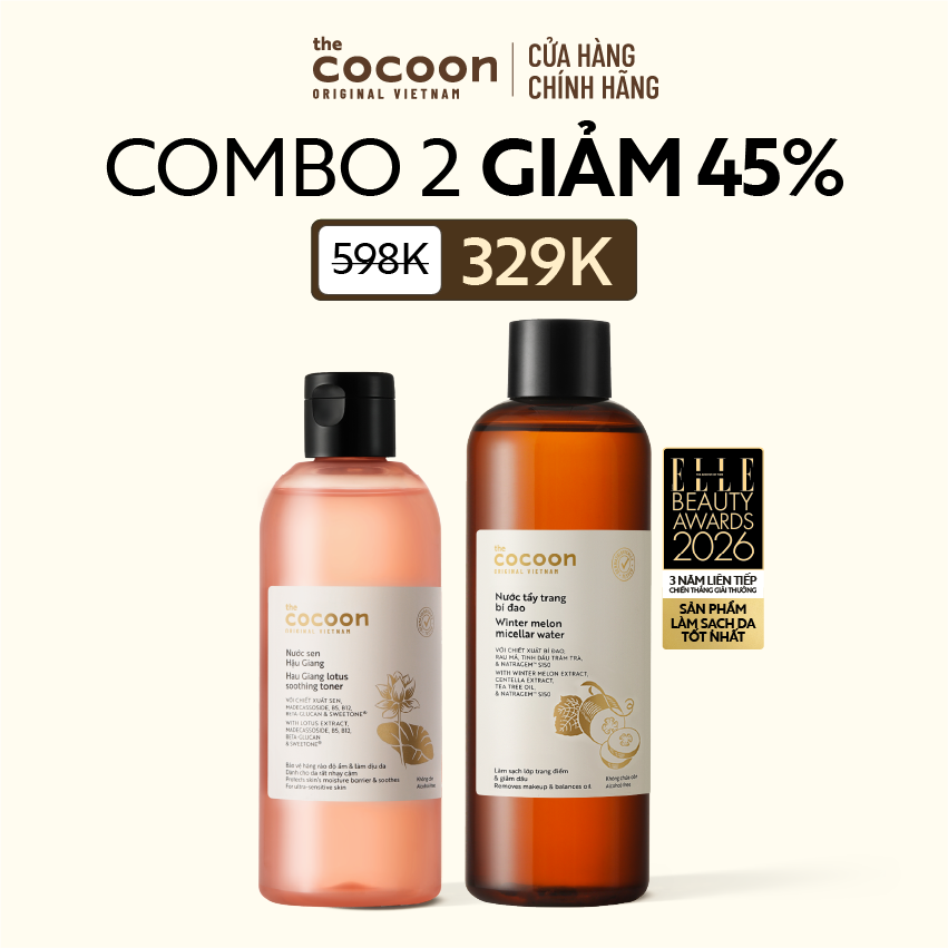 COMBO 1 Bigsize Nước tẩy trang bí đao 500ml +  Nước sen Hậu Giang (toner) Cocoon giúp phục hồi đa nhiệm cho da rất nhạy cảm 310ml