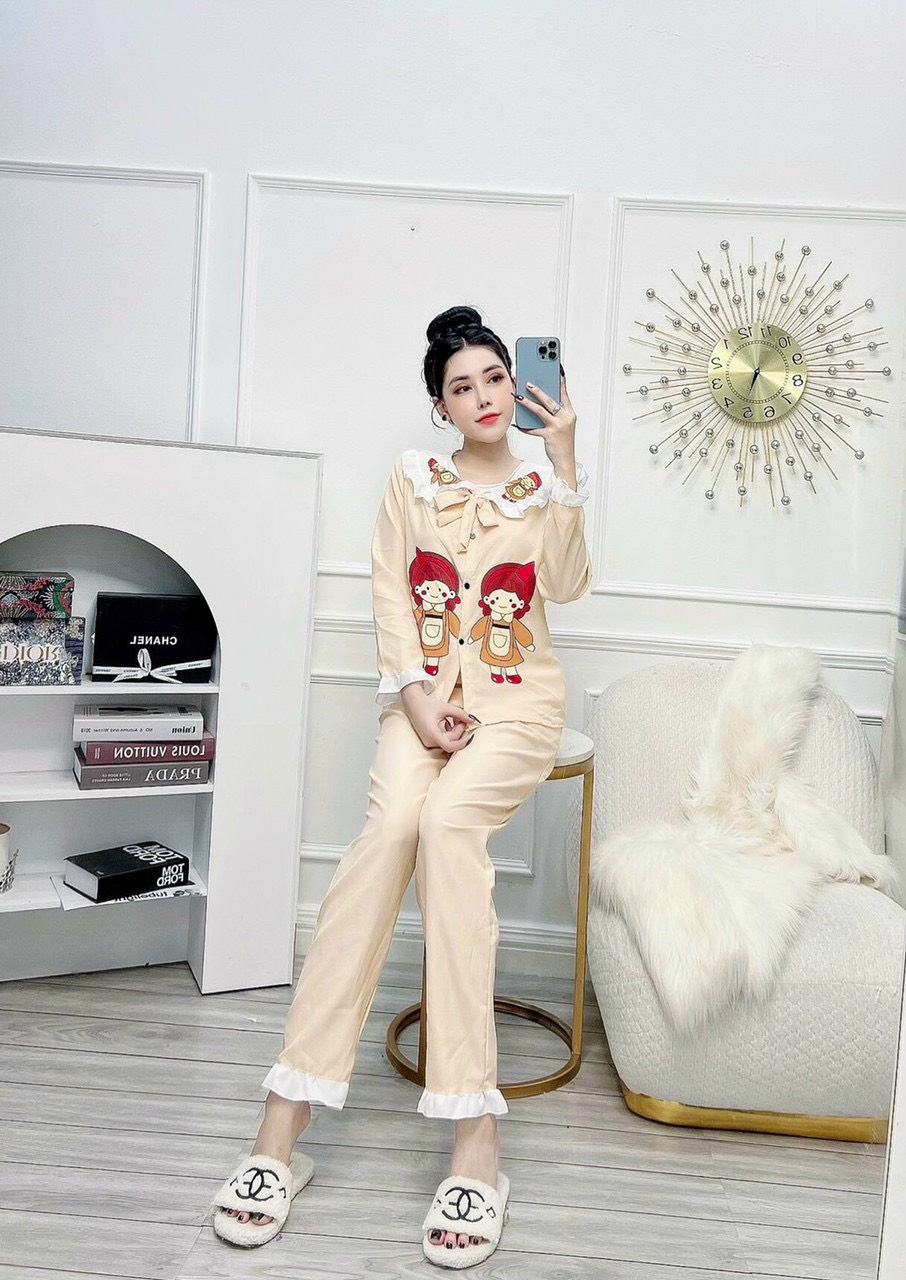 Đồ Bộ Pijama Kate Lụa Cô Gái XINH XẮN TAY DÀI QUẦN DÀI Siêu Đẹp Dưới 58kg