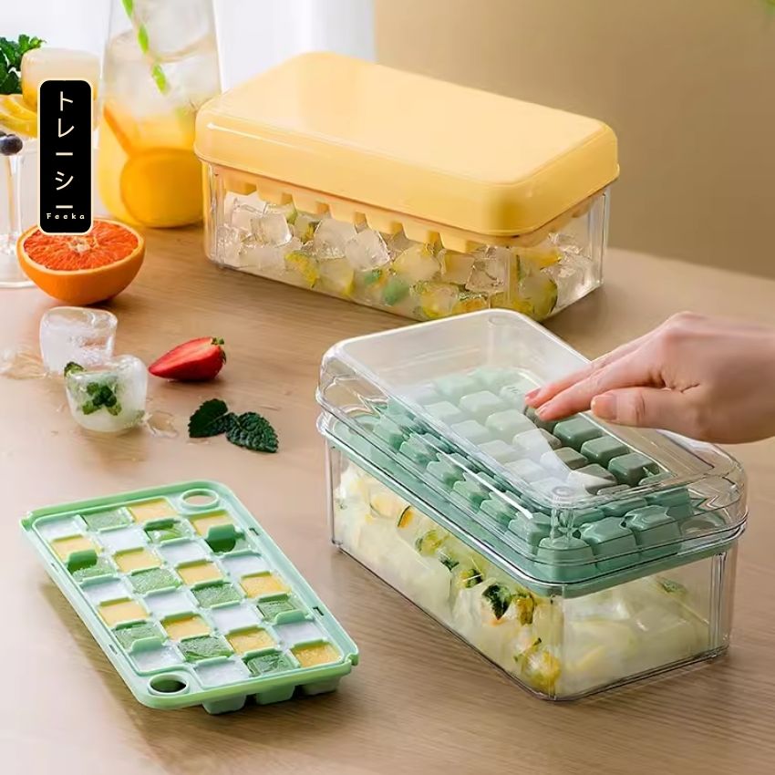 Khay đựng đá thông minh ấn nhẹ là tách đá, khay làm đá tủ lạnh nhựa FEEKA có hộp và nắp để tủ lạnh xếp chồng kèm hộp