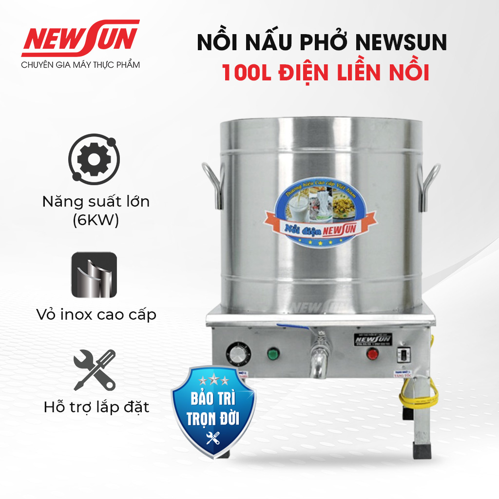 Nồi nấu phở newsun 100l điện liền nồi - hàng chính hãng - tặng 1 thanh nhiệt kèm theo