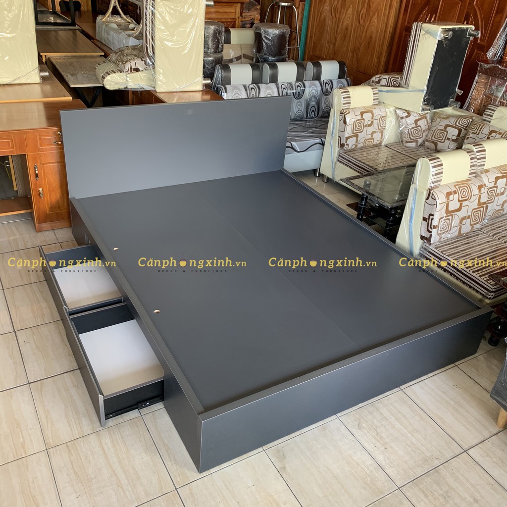 [ Freeship HCM ] Giường ngủ màu Xám Đen gỗ cn MDF 2 hộc kéo CPX-G34