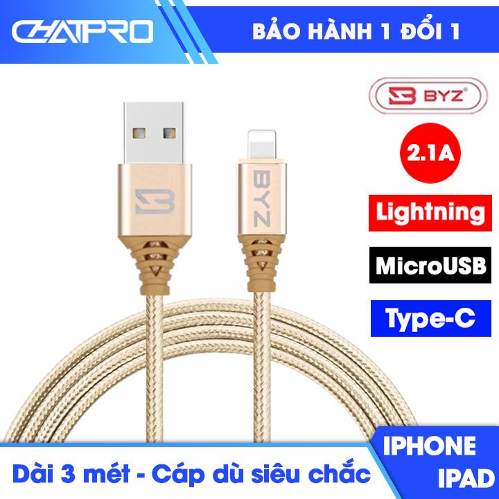 Dây sạc 3 mét 2.1a byz bc-090 – dành cho micro usb, iphone, type c