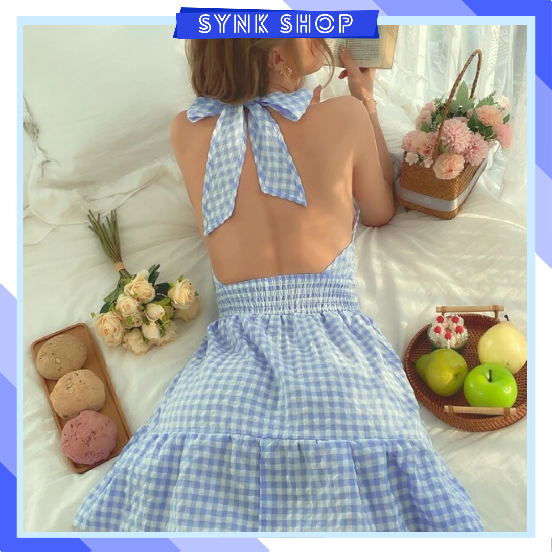 Đầm cổ yếm hở lưng SYNK váy dáng xòe thắt nơ lưng cực đẹp