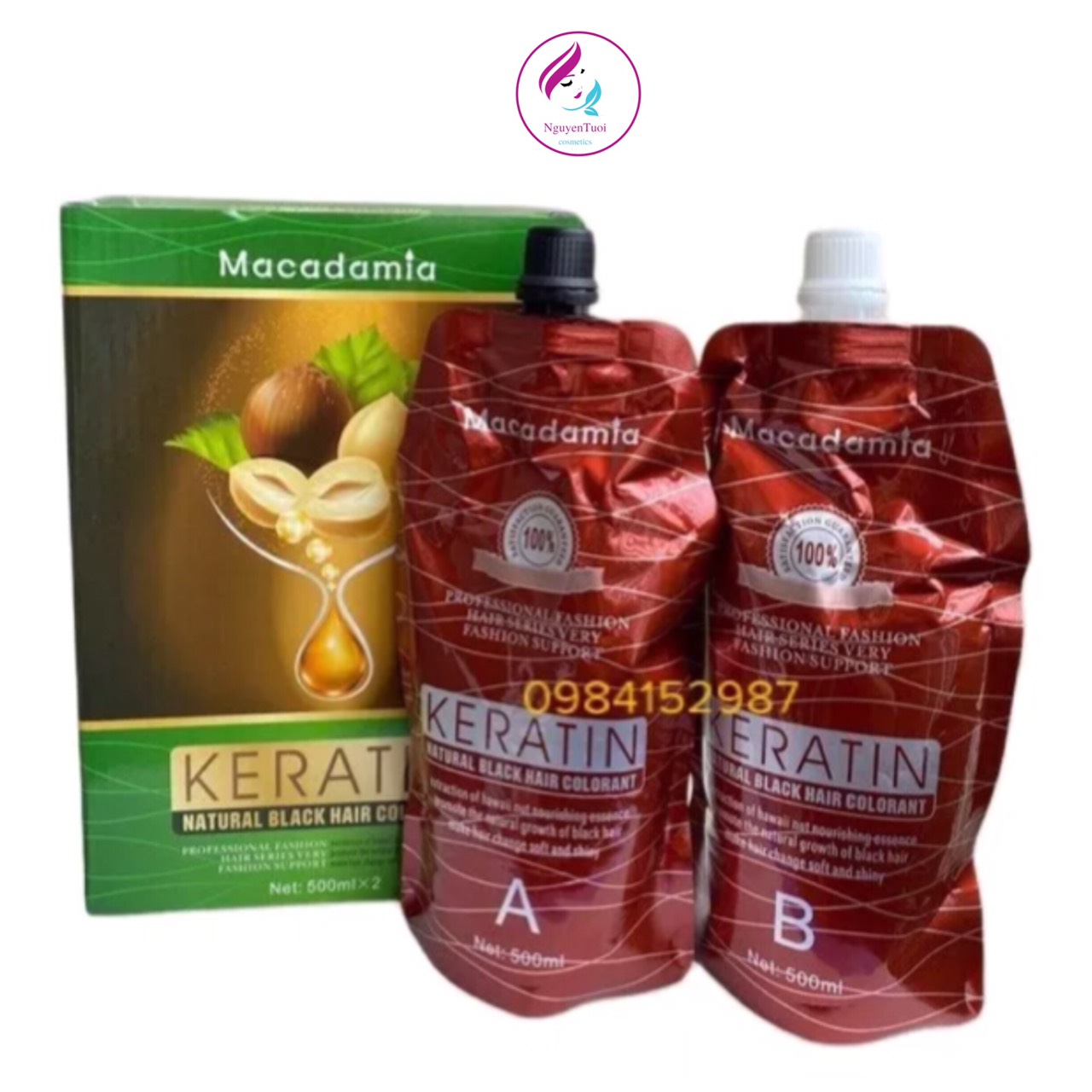 Thuốc nhuộm tóc đen phủ bạc keratin macadamia, không dính da đầu, không phai đỏ 500ml x 02 túi