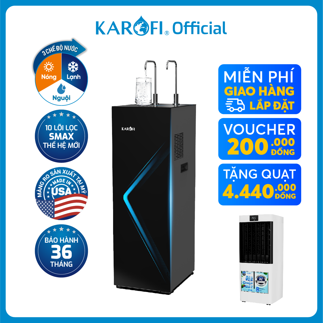 Máy lọc nước nóng lạnh 10 lõi lọc, karofi kad-n69, màng ro 100gpd mỹ