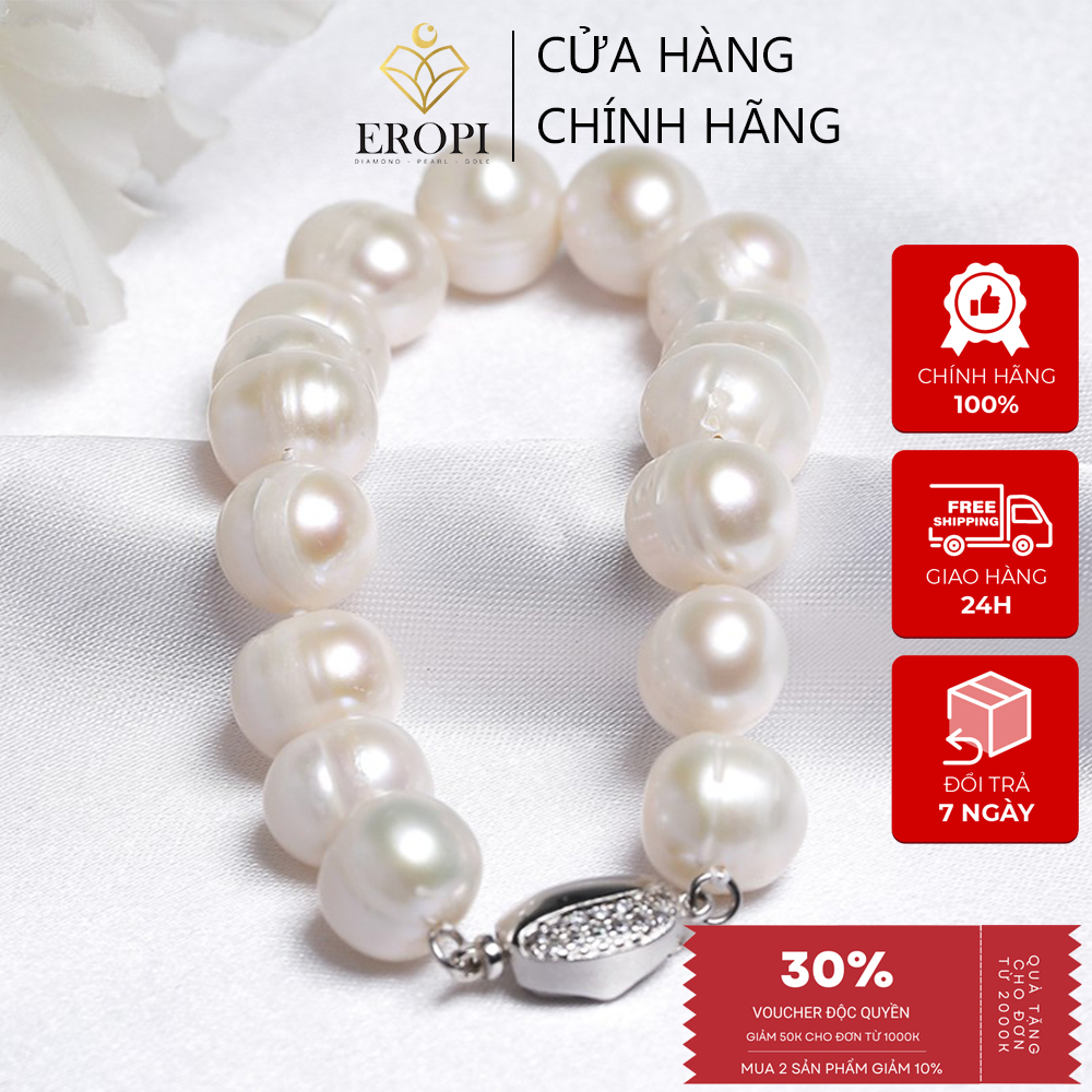 Lắc tay ngọc trai nước ngọt tròn 10-12mm trắng chốt bạc S925xi bạch kim gắn đá CZ