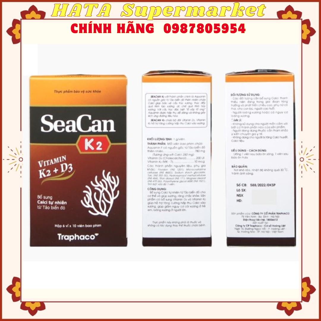 SEACAN K2 PLUS Bổ sung Canxi từ tảo đỏ tự nhiên, Seacan Bổ sung canxi hữu cơ từ tảo biển và Vitamin D3 K2 Magie của Traphaco, giảm loãng xương, tăng chiều cao, lọ 60 viên