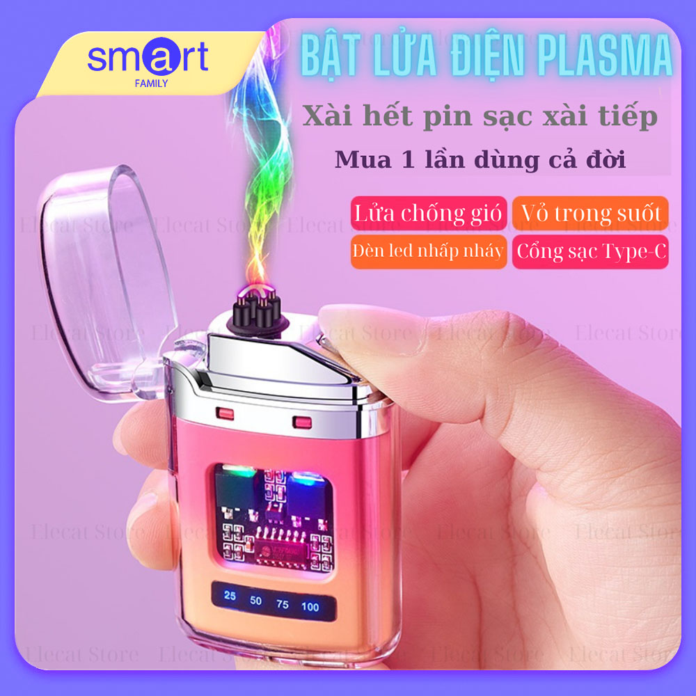 Bật Lửa Quẹt điện plasma Mini - Vỏ Trong Suốt - Khởi Động Nút Nhấn, Sạc Type C