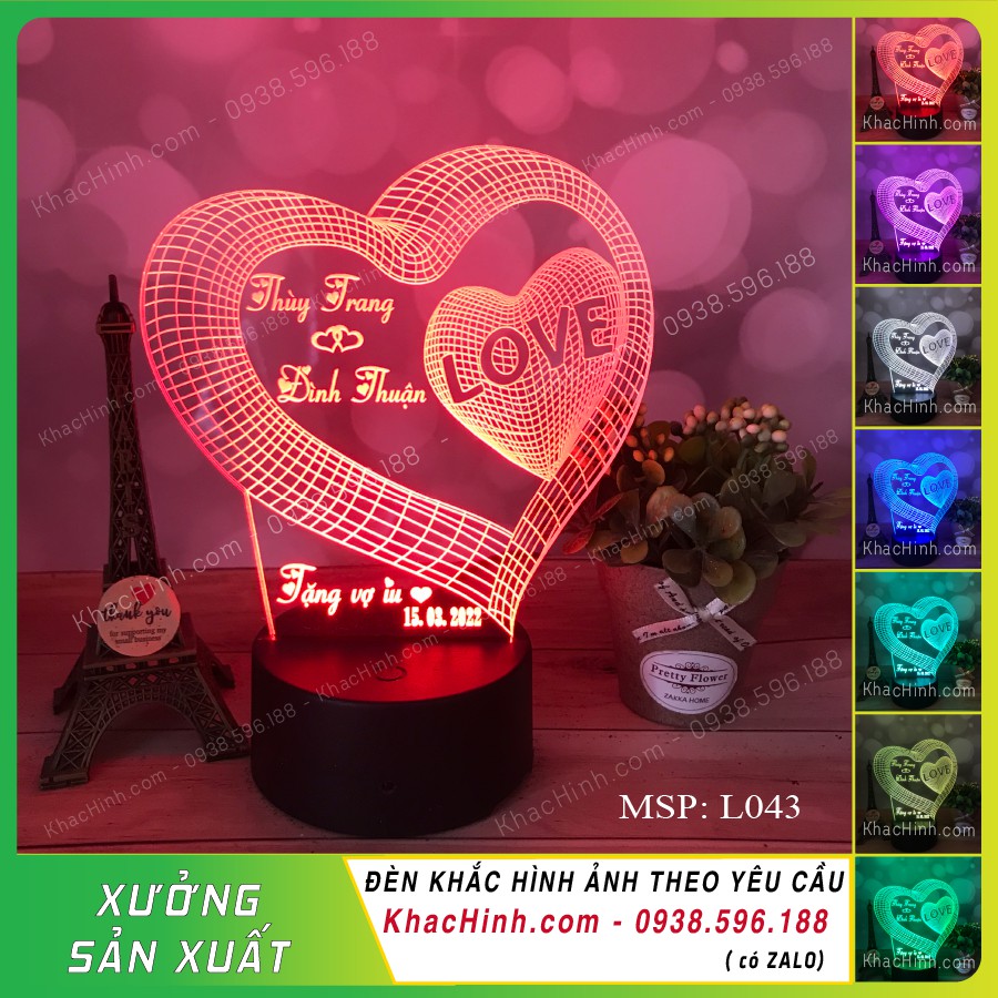 Đèn ngủ lè 3D 16 màu TRÁI TIM 3D LOVE, khắc hình theo yêu cầu, Khắc hình cá nhân,để bàn, đèn ngủ, quà tặng sinh nhật - Nhận làm Đèn THEO YÊU CẦU