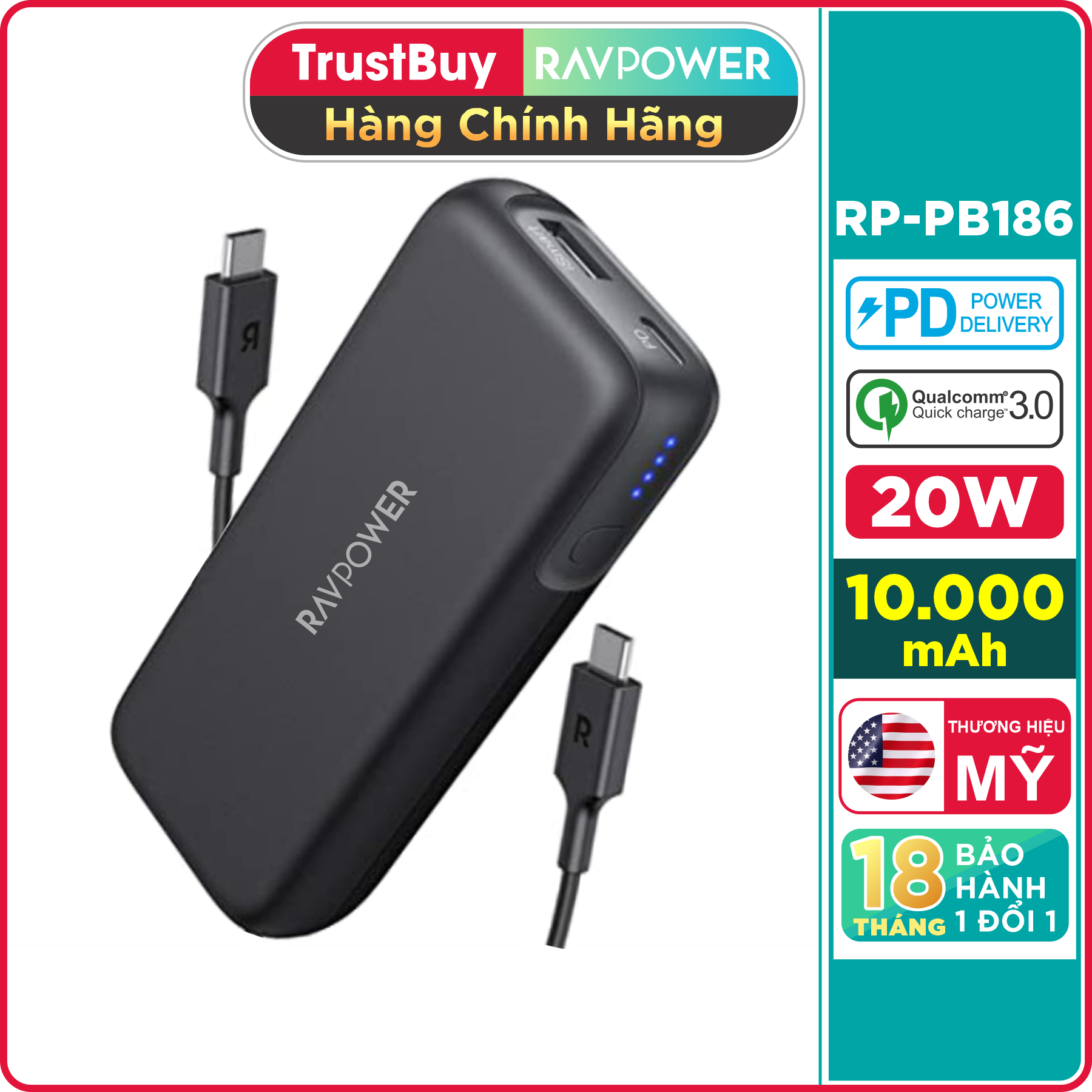 Pin Sạc Dự Phòng 10.000mAh Nhỏ Gọn RAVPower RP-PB186 Type C PD 20W, USB QC 3.0 Kèm Cáp Type C to C 60W - Hàng Chính Hãng
