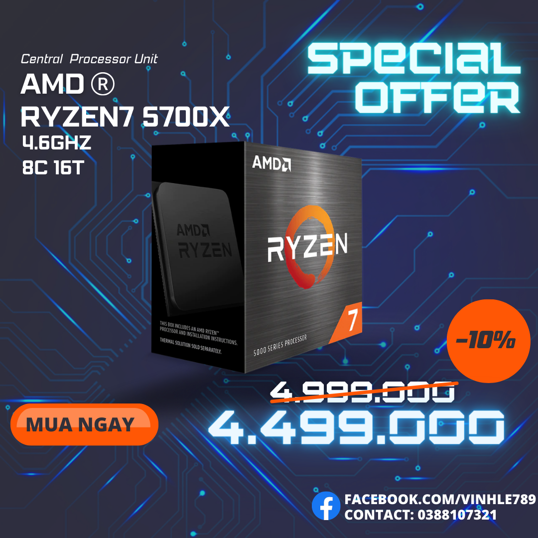 CPU AMD Ryzen 7 5700X  3.4GHz Boost 4.6GHz 8 nhân 16 luồng 32MB AM4