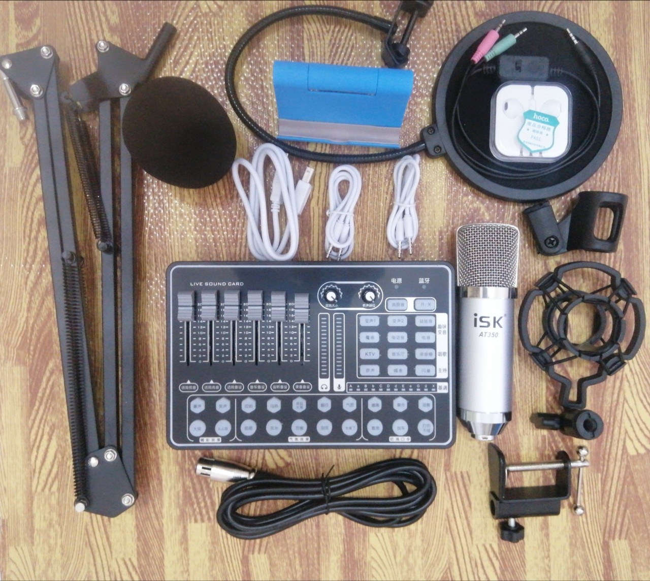 Trọn bộ thu âm livestream Soundcard H9 có bluetooth - Mic ISK AT350 kèm dây live MA2, màng lọc âm, kẹp mic tặng tai nghe nhét tai và giá đỡ điện thoại bảo hành 6 tháng