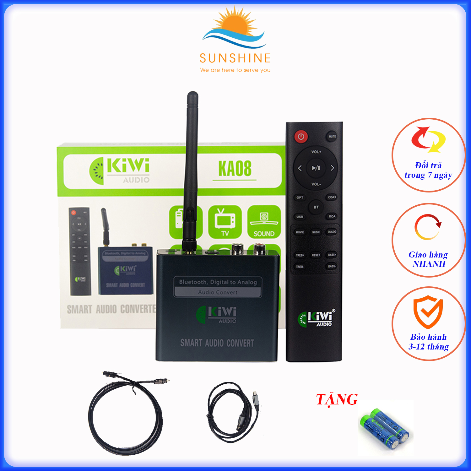 Bộ chuyển đổi âm thanh từ tivi smart xuống dàn âm thanh Kiwi KA08, hỗ trợ Bluetooth, điều khiển từ xa bass, treble, bảo hành 12 tháng