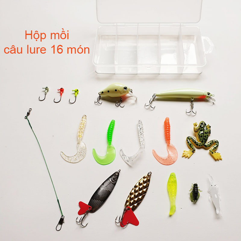 Hộp mồi câu lure 16 món - Hộp 16 món câu lure nhạy cá - chuyên rô phi, lóc, chuối, sộp, thiểu, cá chim, cá măng, lure suối ( Ngu Long )