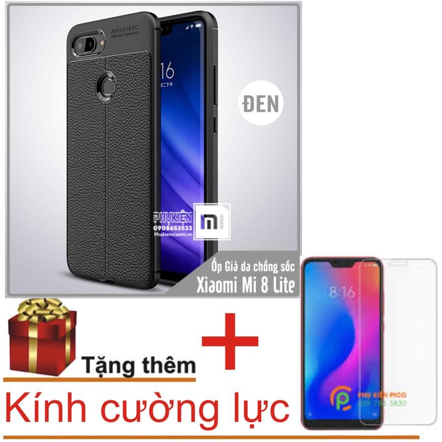 Ốp lưng Xiaomi Mi 8 Lite Giả da chống sốc Auto Focus + Kính cường lực trong suốt
