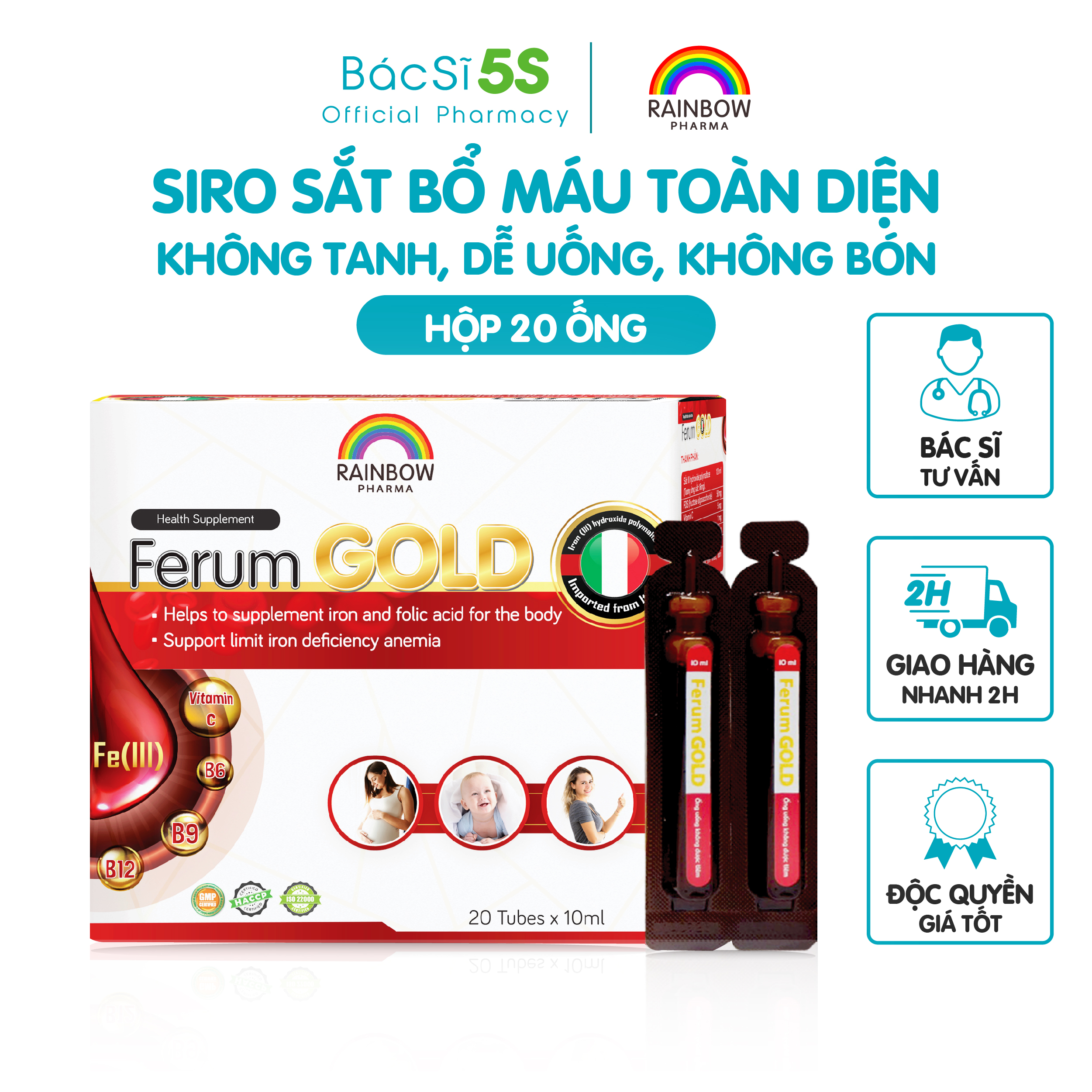Siro sắt bổ máu Ferum Gold Rainbow - Không tanh, ngọt thanh dễ uống, không nóng, không táo bón (Hộp 20 ống)